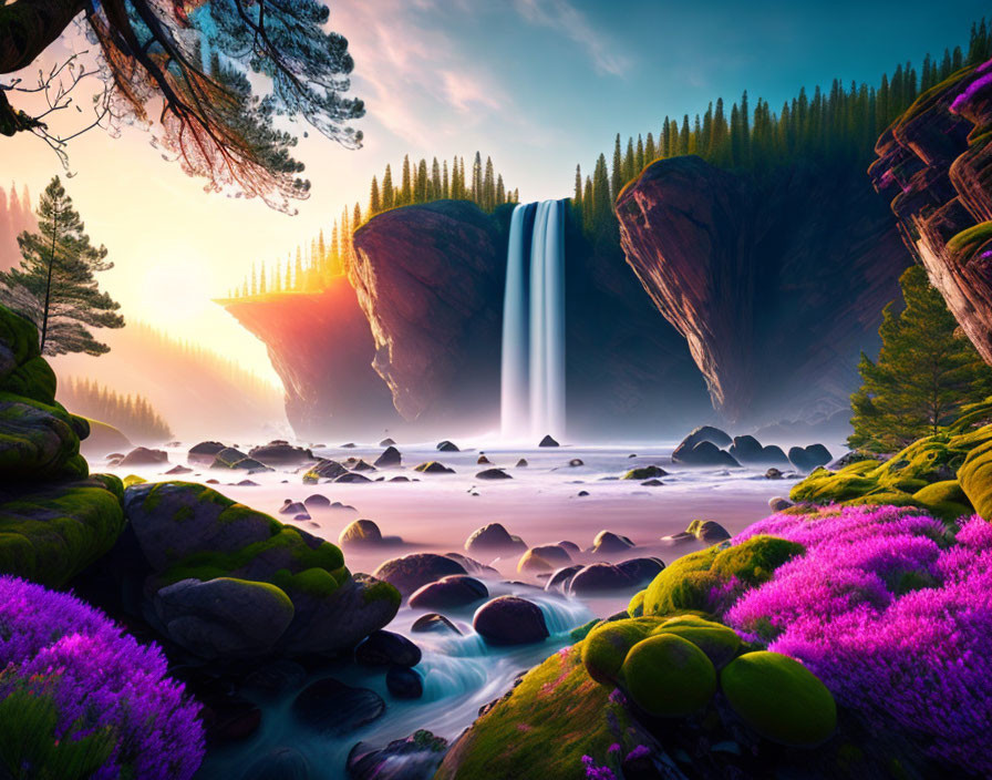 Majestic waterfall surrounded by pink flora and serene river at sunrise