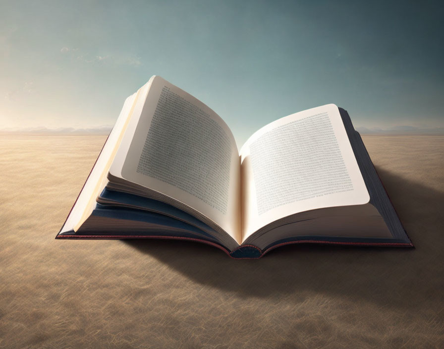 Open book with fluttering pages in vast desert symbolizes knowledge in emptiness