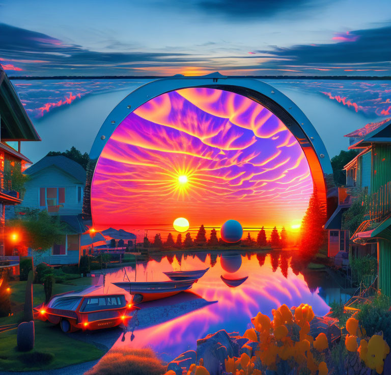 Surreal landscape with arch, sunset, houses, classic car, and boat