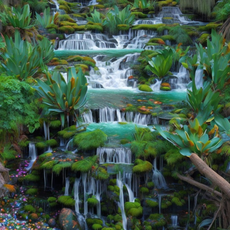 Scenic waterfalls surrounded by lush greenery and colorful flowers