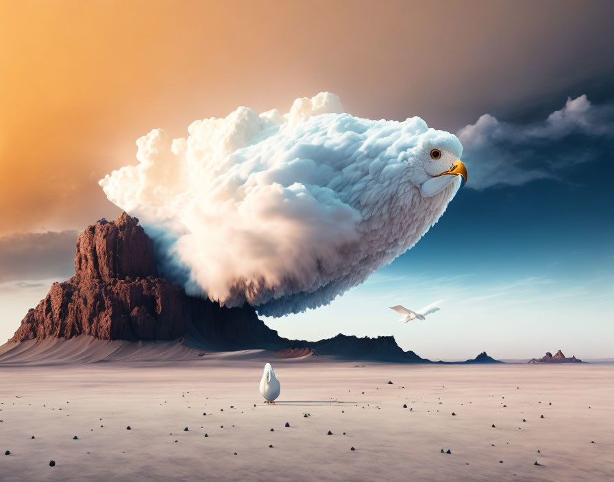 Surreal image: eagle-shaped cloud over desert with egg