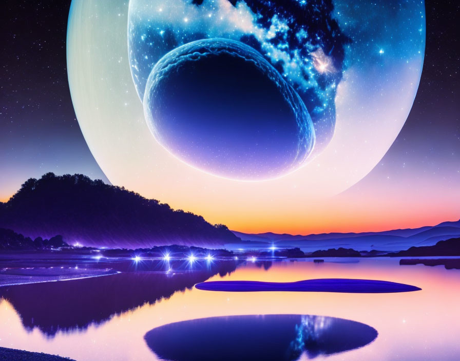 Surreal landscape with oversized moon and planet over tranquil lake at twilight