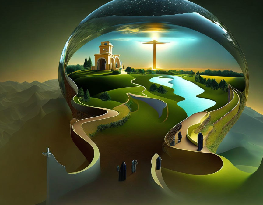 Surreal bubble landscape with winding paths, church, cross, and glowing sunset