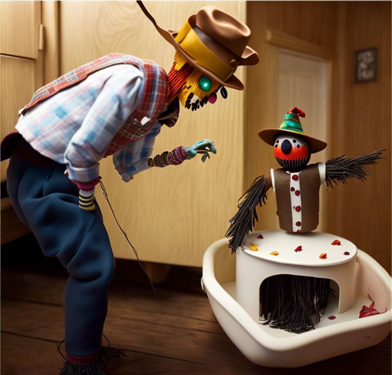 Whimsical animated scarecrow figures in domestic scene