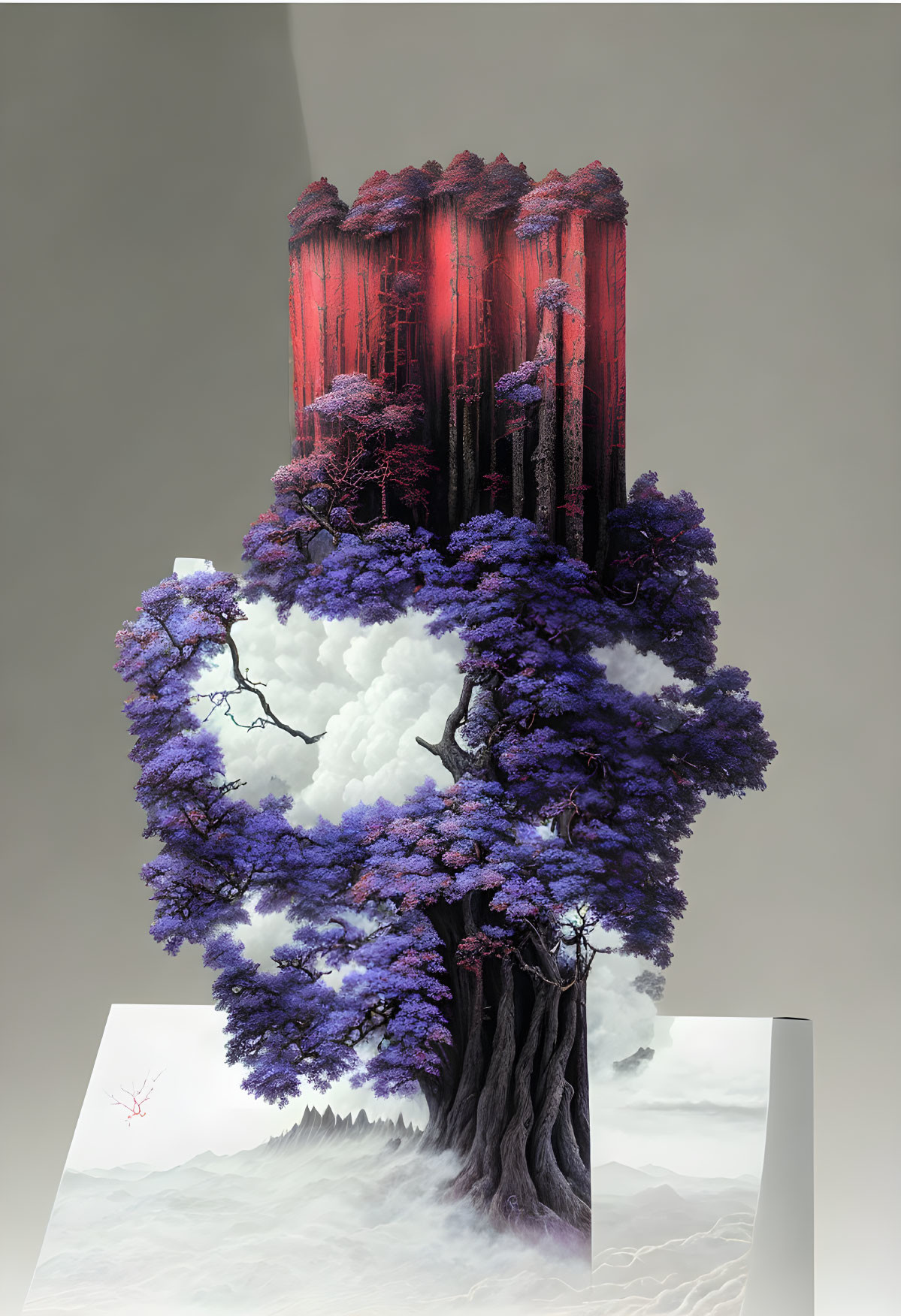 Surreal artwork of giant purple tree with red forest cluster on top