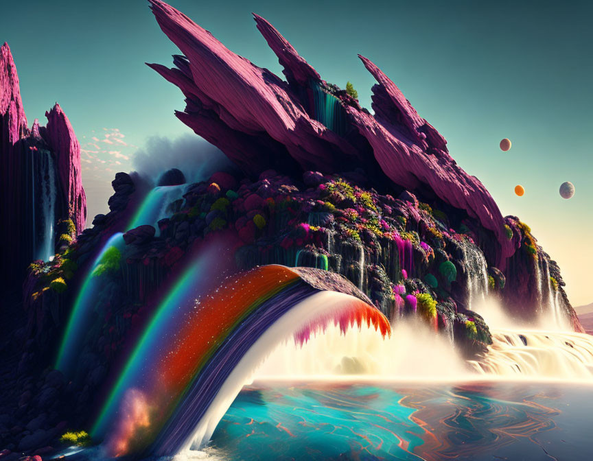 Multicolored waterfall and exotic flora in surreal fantasy landscape