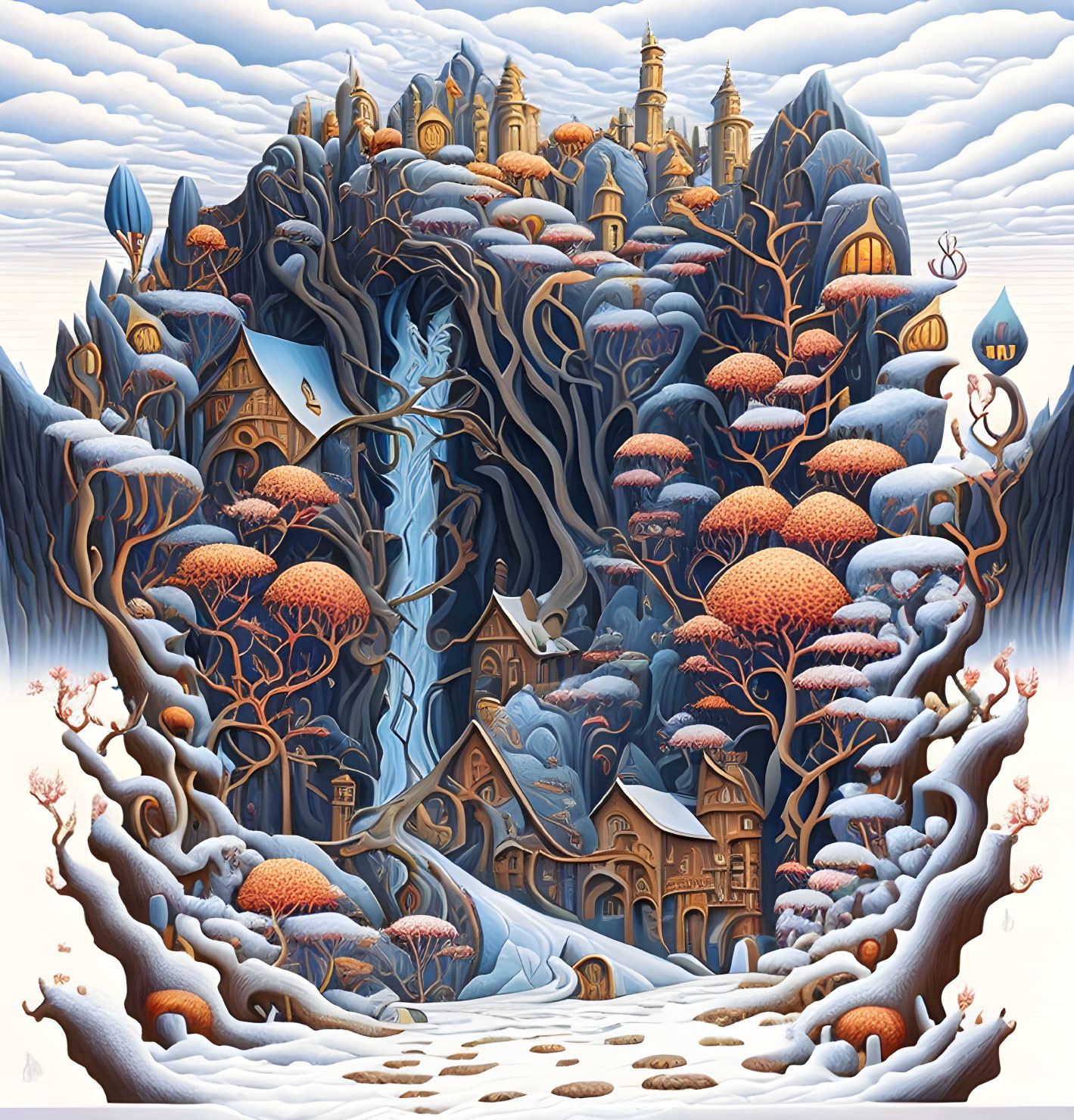 Fantastical painting of tree-like mountain with intricate buildings fused into branches, surrounded by autumnal trees