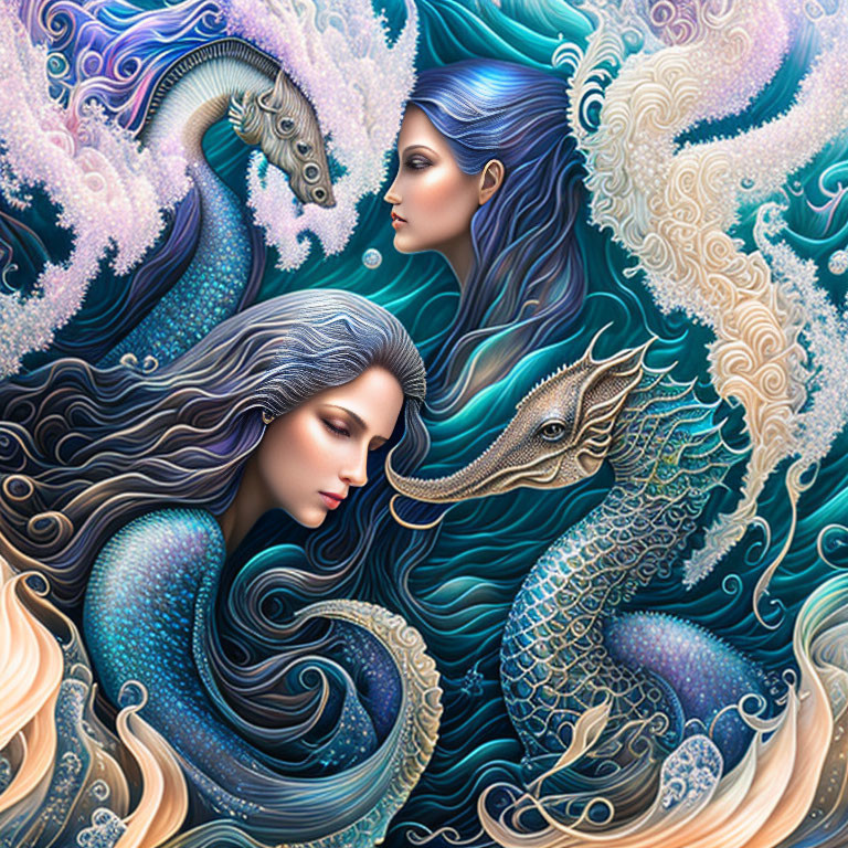 Two Women with Blue Hair and Seahorses in Colorful Underwater Scene