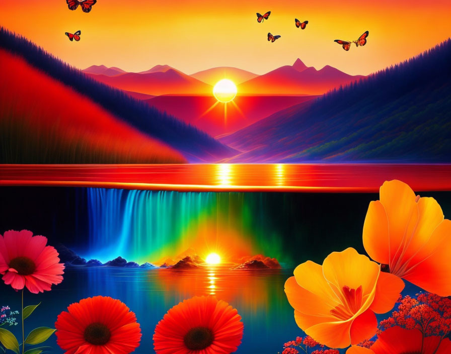 Scenic mountain sunset with waterfall, lake, and butterflies in foreground