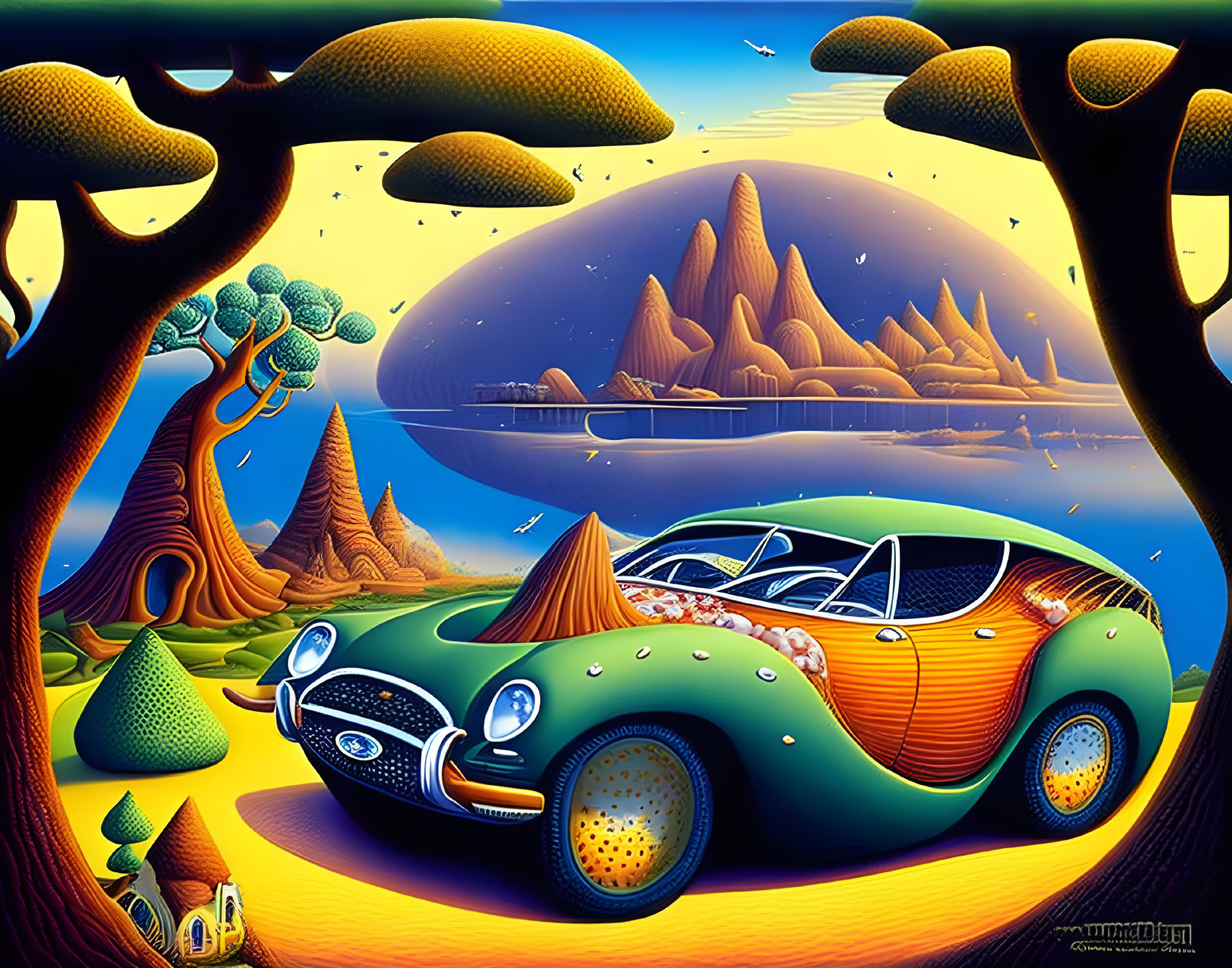 Retro-futuristic scene with green car, whimsical trees, floating islands