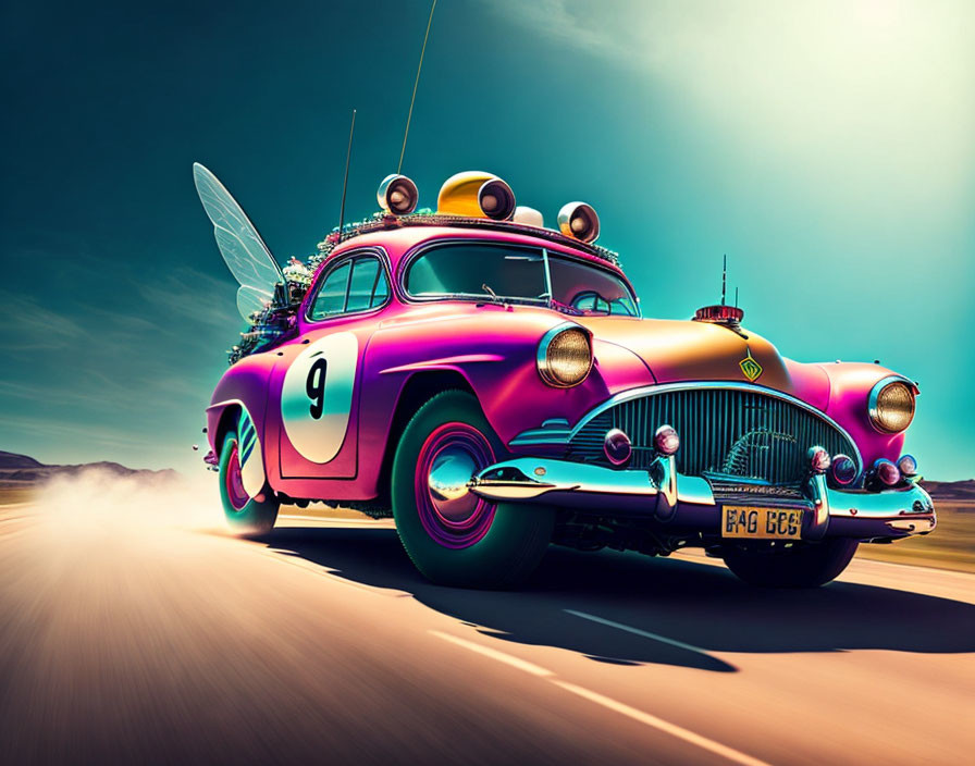 Vintage Purple Winged Car with Racing Accessories on Sunny Desert Road