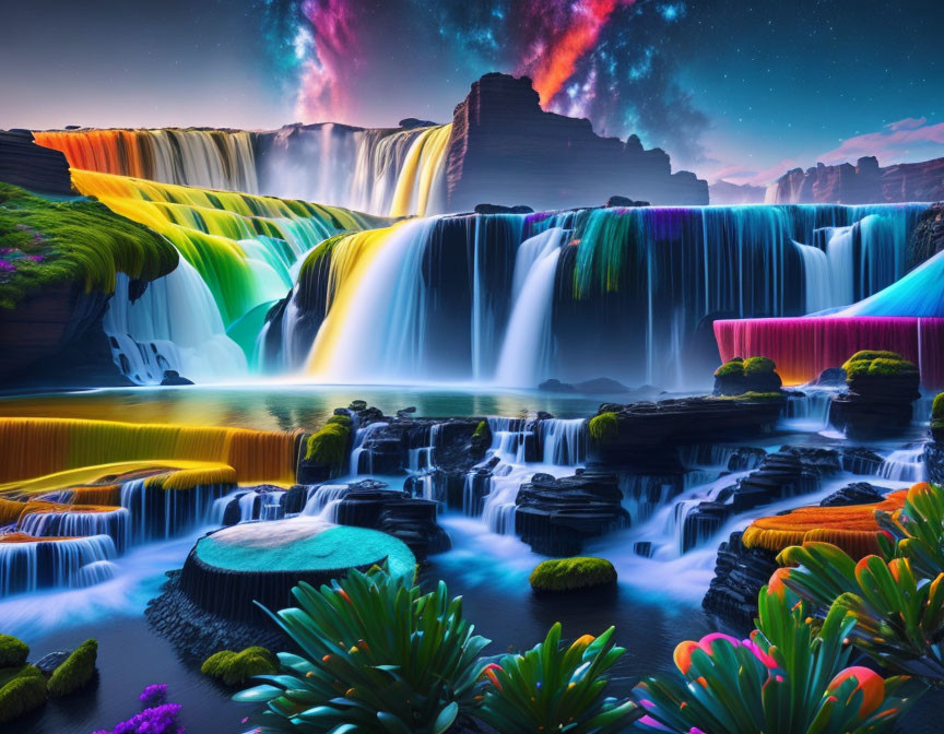 Multicolored waterfalls & aurora sky in vibrant digital landscape