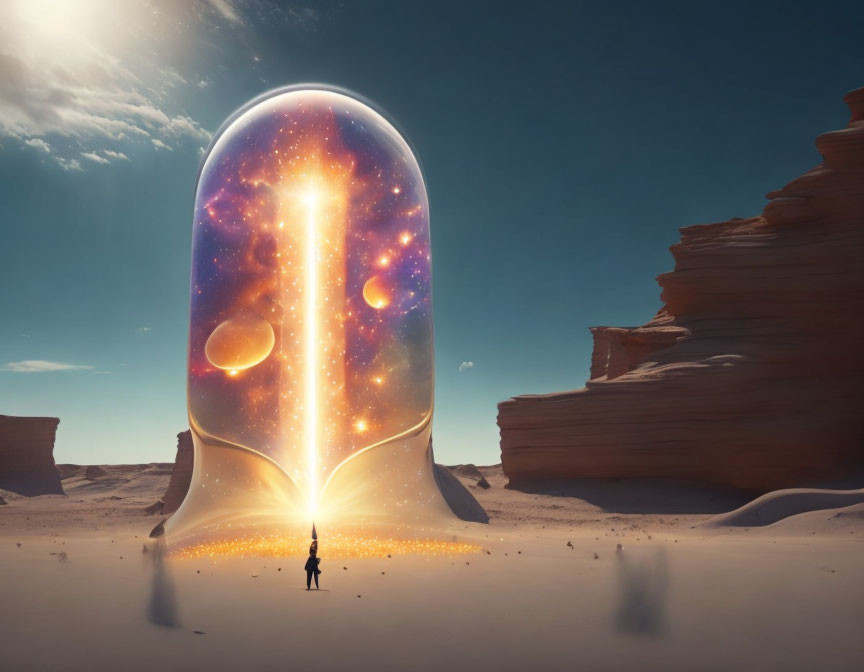 Person standing before massive hourglass in desert with cosmic scenes and glowing orbs.