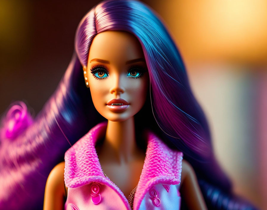 Close-up: Blue-eyed doll with purple hair and pink vest under warm lighting