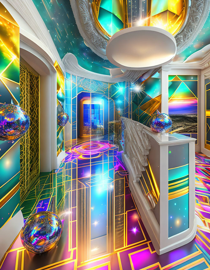 Modern interior design with neon lights, disco balls, and geometric patterns