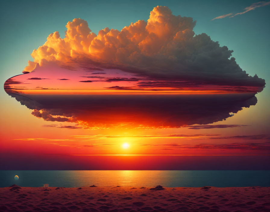 Vibrant sunset sky with mushroom-like cloud over ocean