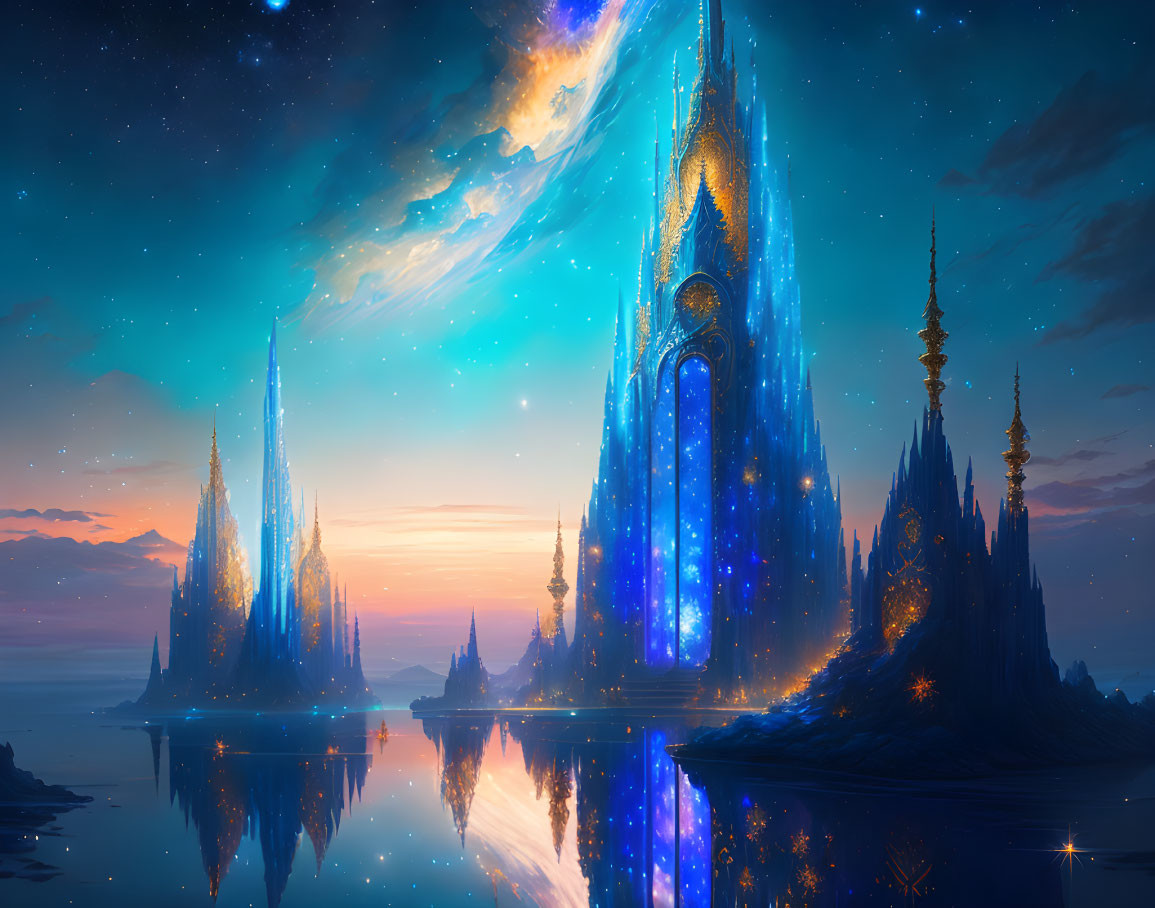 Luminous castle under starry sky reflected on serene water in twilight landscape