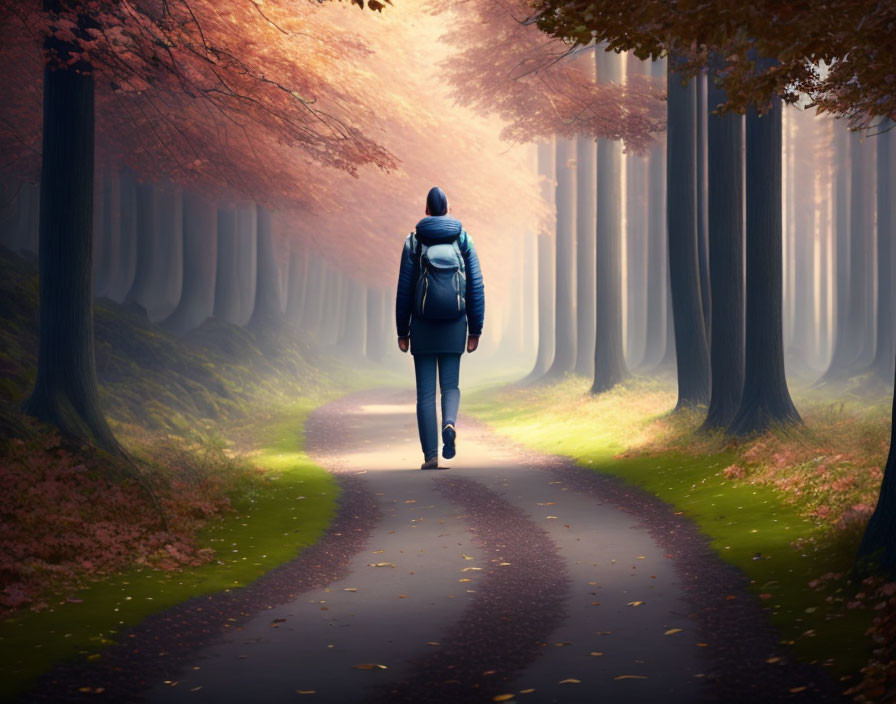 Solitary person walking on misty autumn forest path