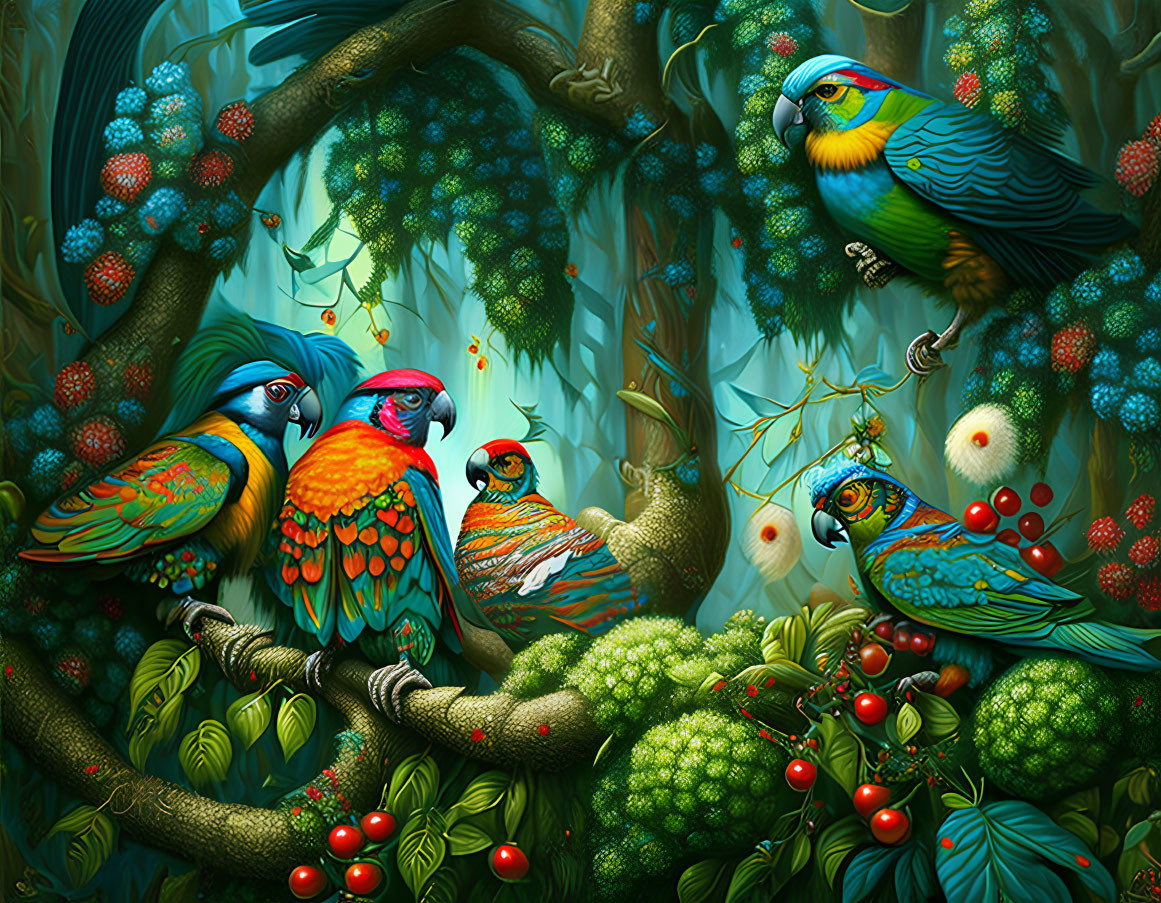 Vibrant Parrots in Lush Greenery with Red Berries