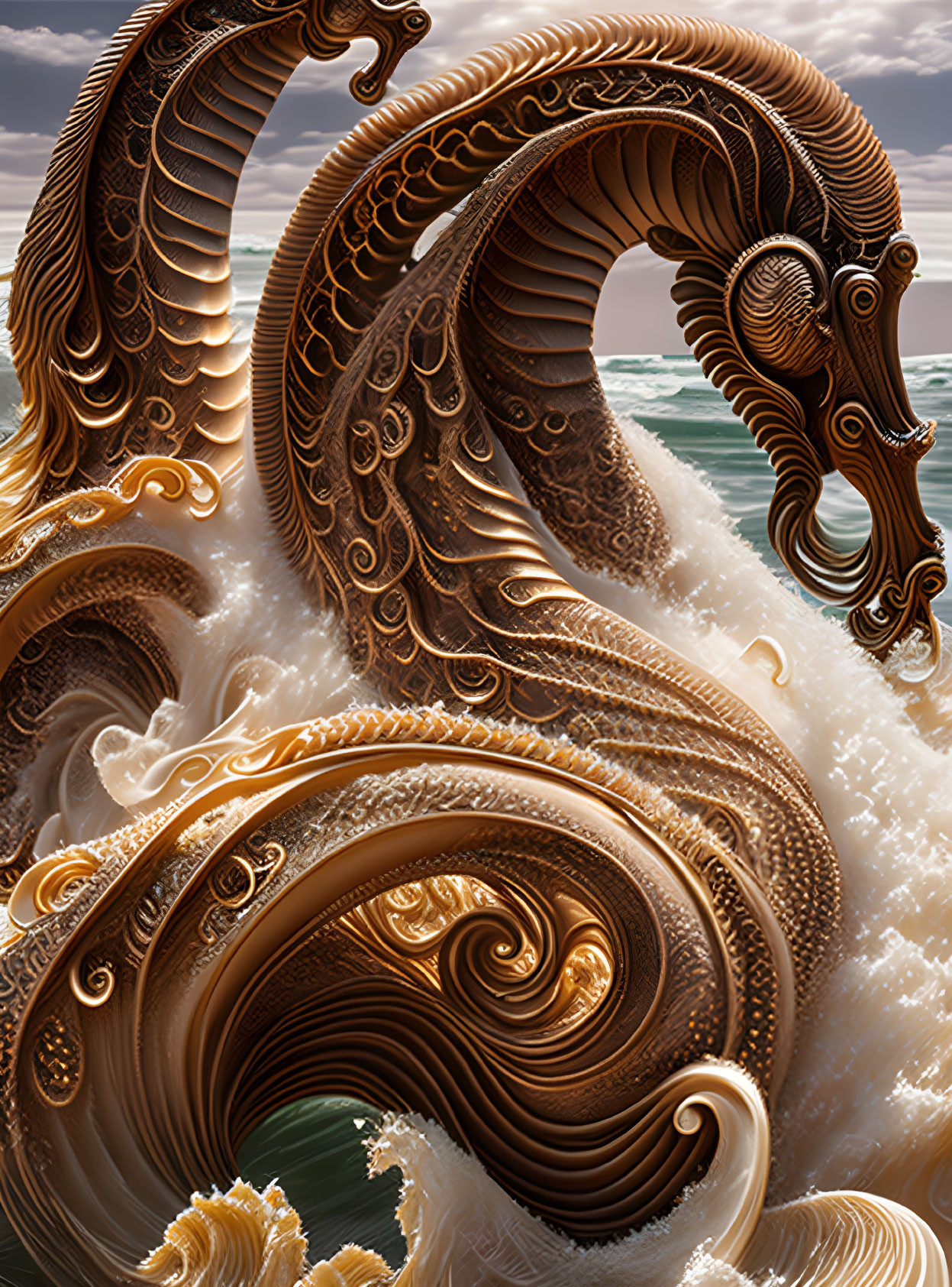 Stylized ornate waves with sea creature patterns on ocean backdrop