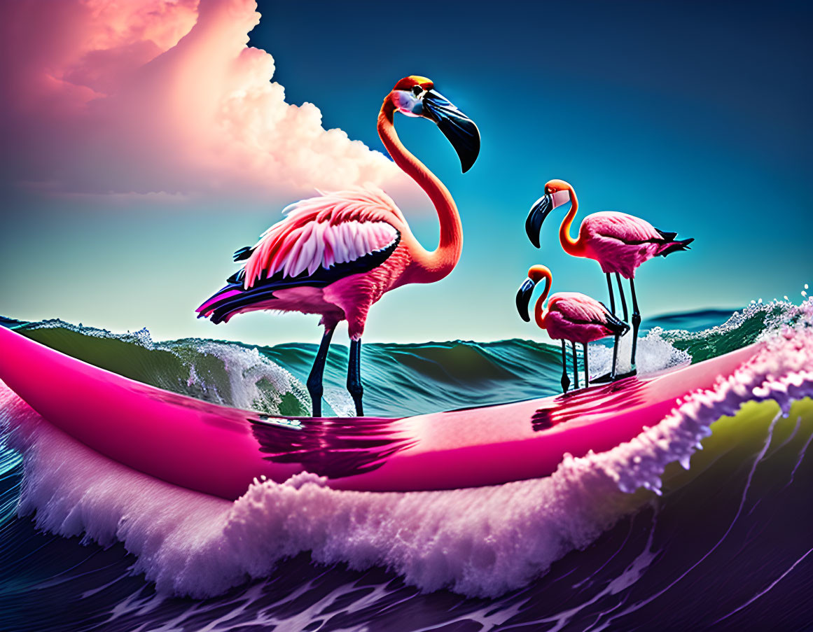 Vibrant pink flamingos on magenta surfboard under dynamic sky