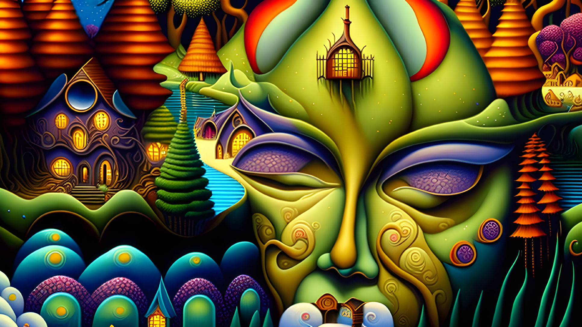 Surreal fantasy art with whimsical landscape and face