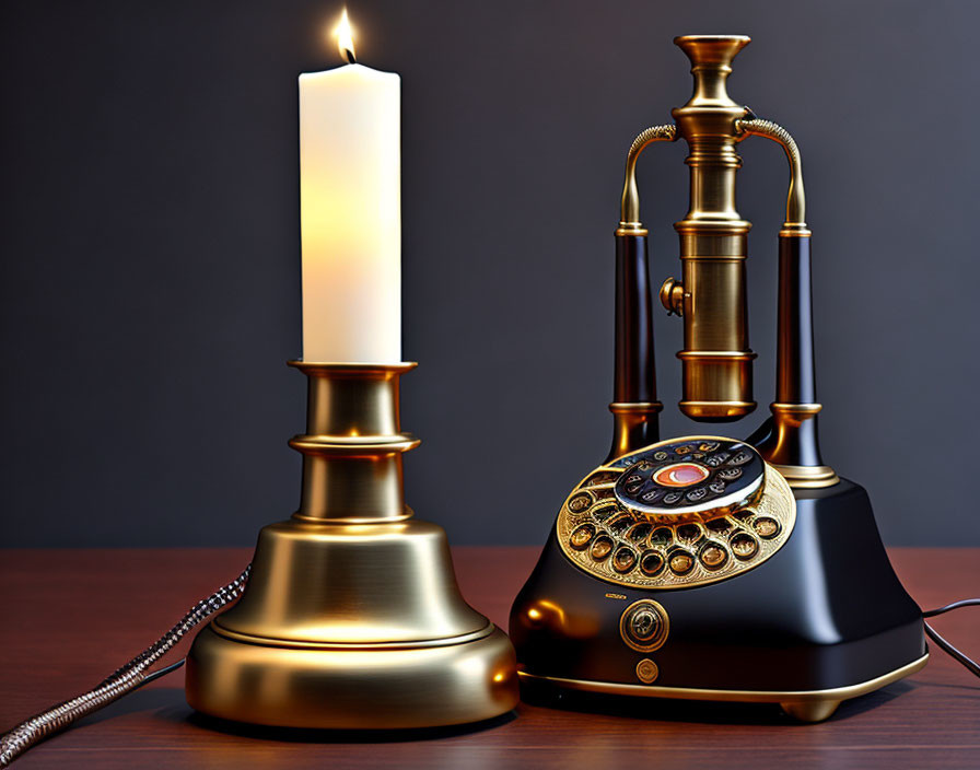 Vintage Telephone and Lit Candle on Wooden Surface