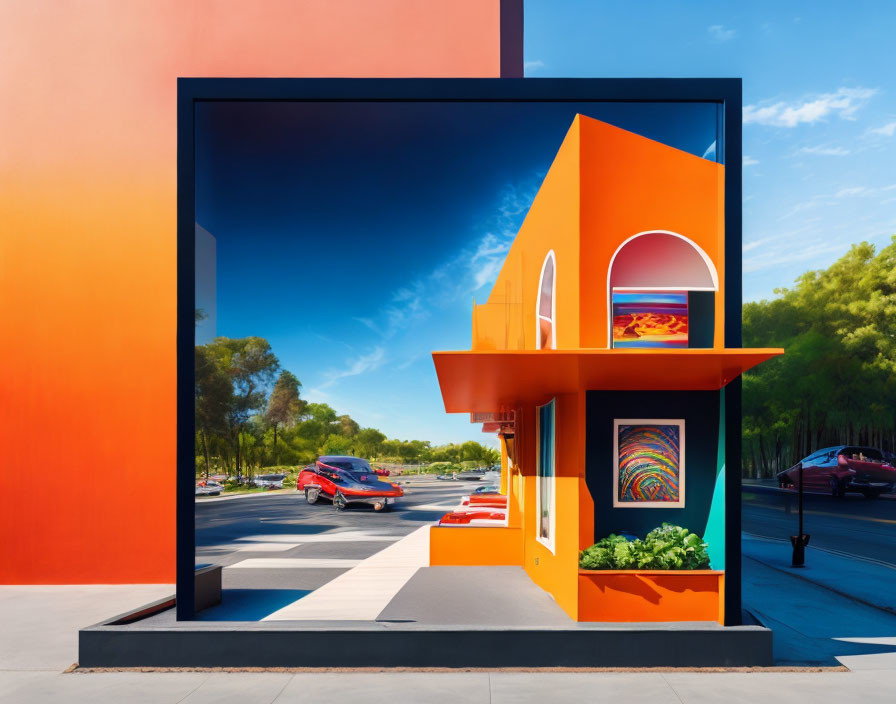 Vibrant 3D orange house installation in street setting