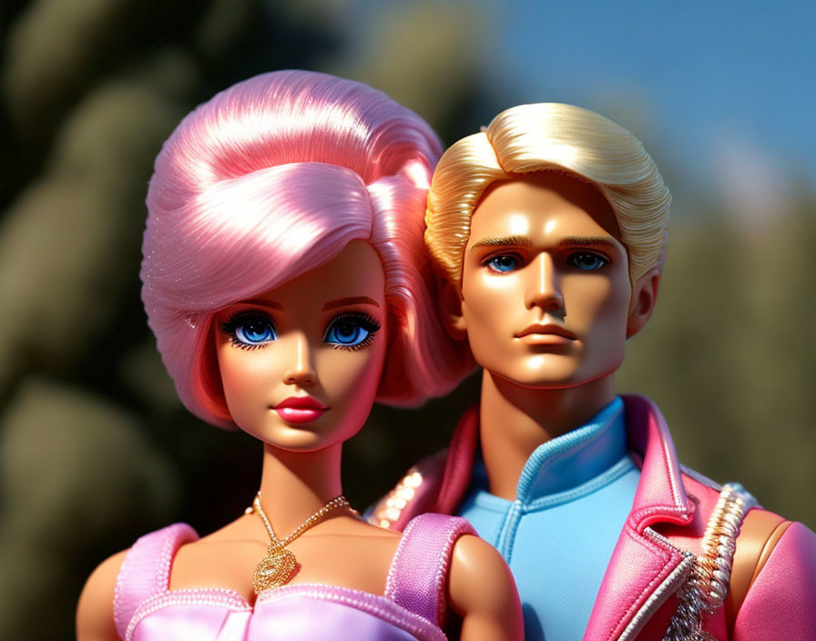 Female Barbie doll with pink hair and male Barbie doll with blonde hair in blue jacket, close-up.