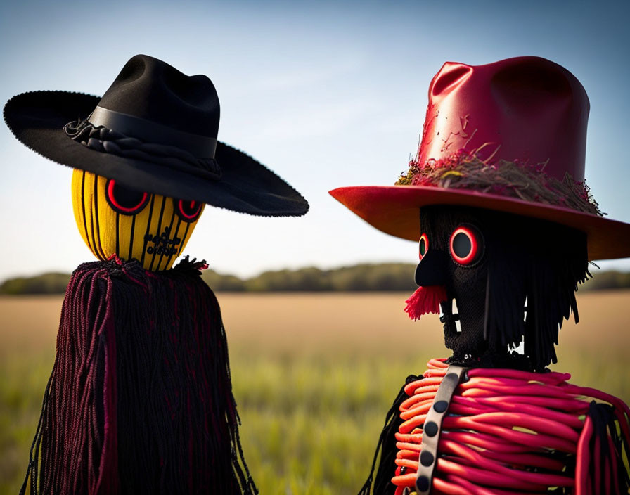 Colorful scarecrows in unique masks and hats standing in a field