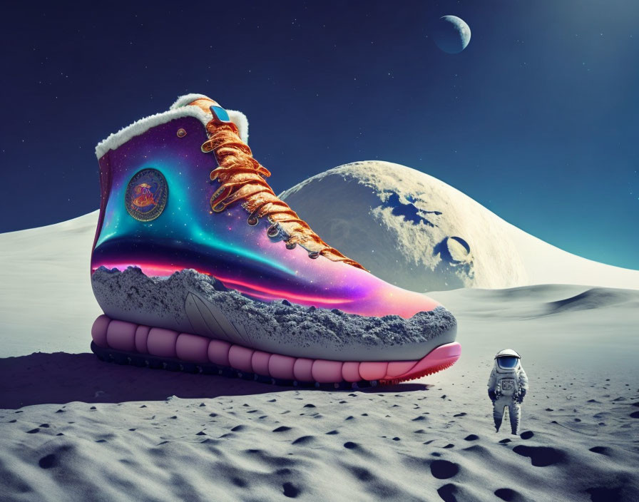 Astronaut admires colorful sneaker on lunar surface