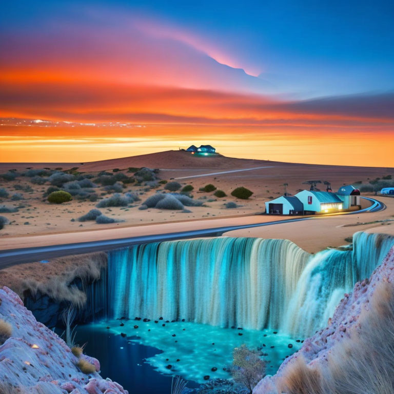 Desert landscape and waterfall under vibrant sunset sky