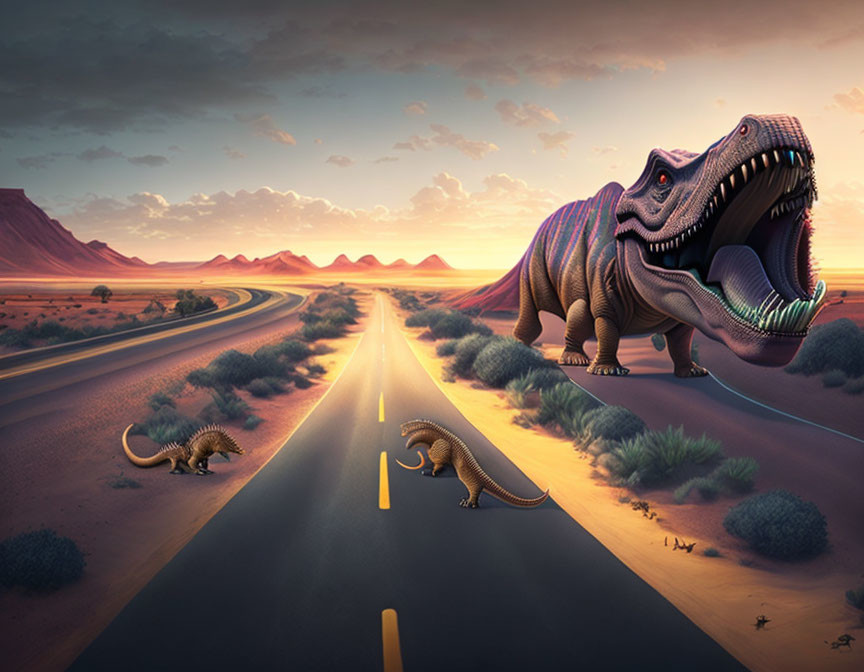 Dinosaur-themed digital artwork with T. rex on desert highway at sunset