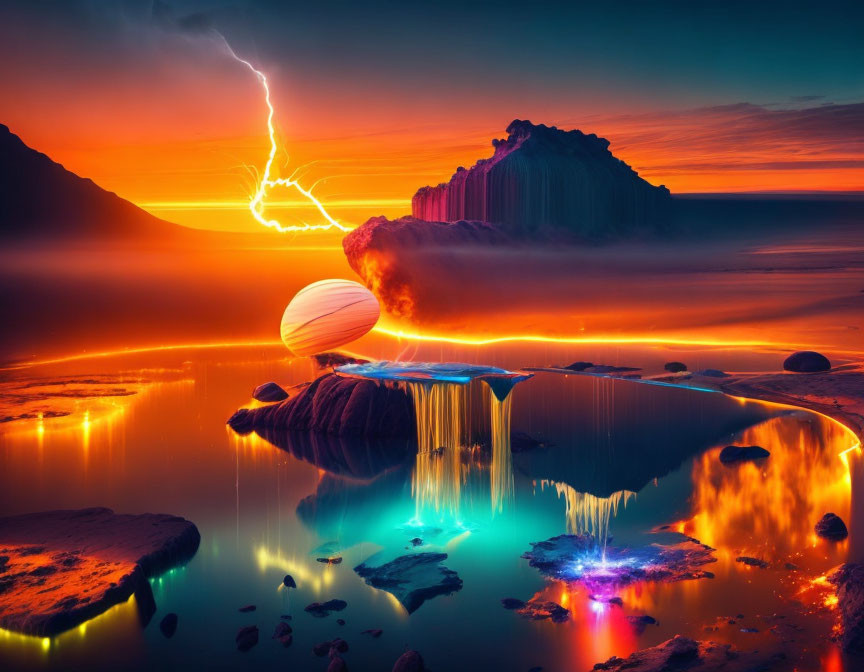 Mystical landscape with vivid sunset, hot air balloon, lightning, mirrored water, vibrant colors