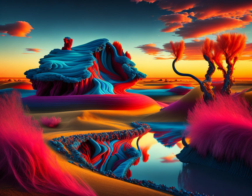 Vibrant blue and pink sand dunes with whimsical trees by reflective waterbody