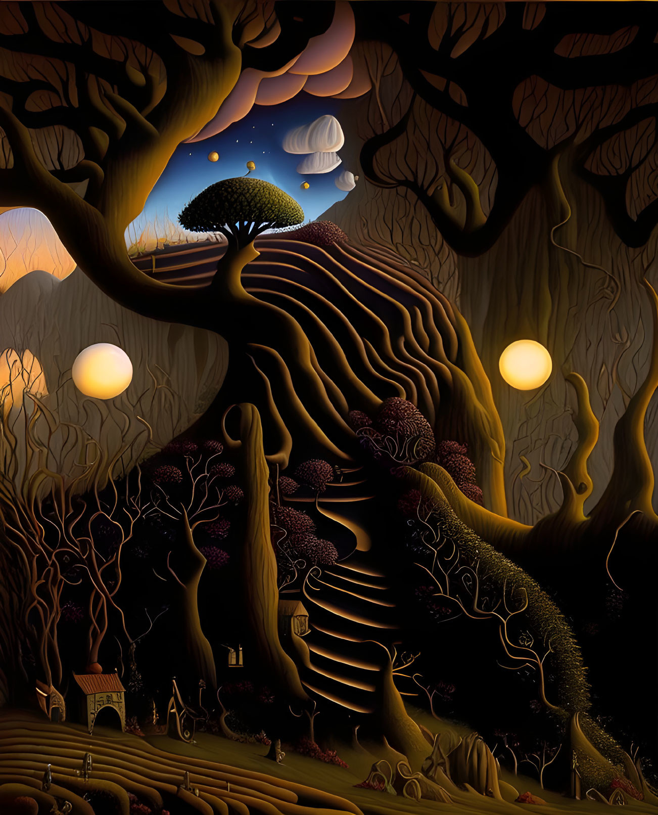 Twisted trees, glowing orbs, moonlit sky in fantastical nighttime landscape