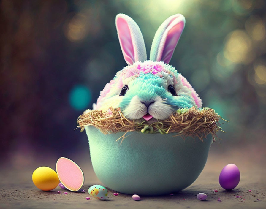 Colorful Easter Bunny in Blue Egg with Pastel Eggs and Confetti