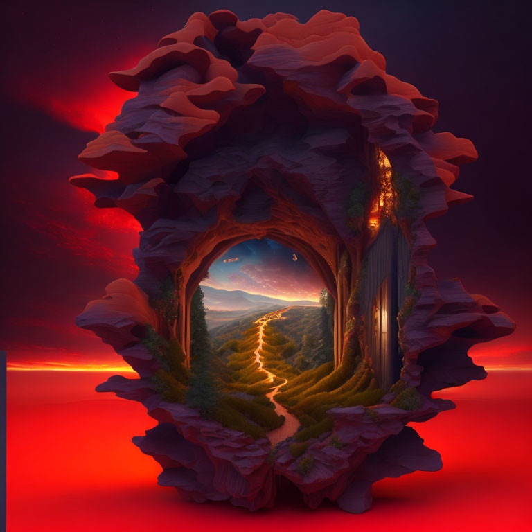 Fantastical archway with rocky outcrops, greenery, starry sky, and red