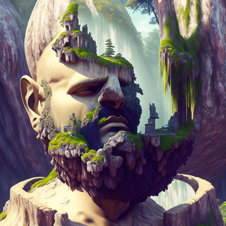 Giant stone face with cliff-like beard in lush landscape