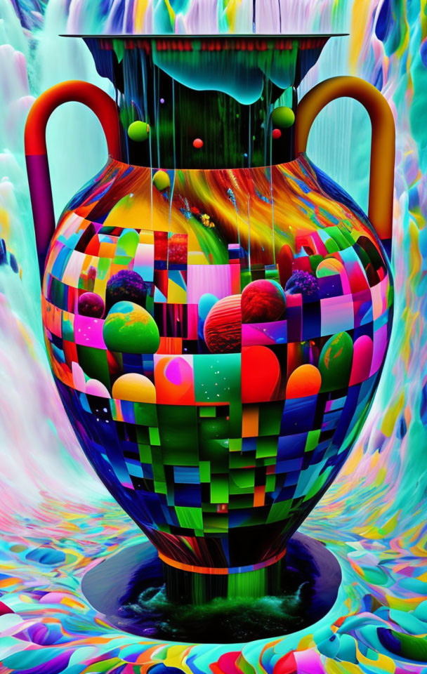 Colorful checkered vase with psychedelic patterns and spheres in vibrant digital art