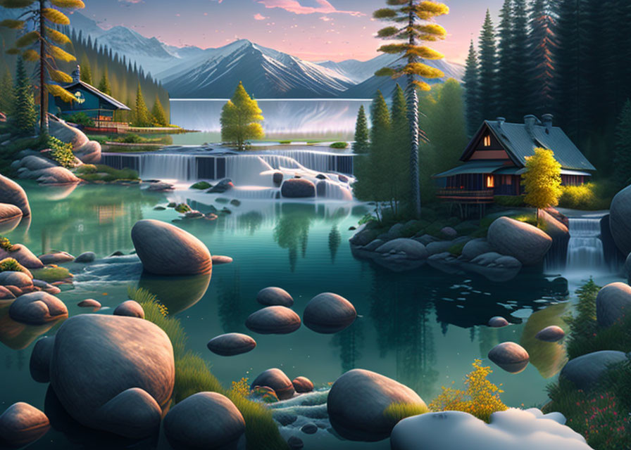 Tranquil cabin by lake with waterfall, forest, mountains at twilight