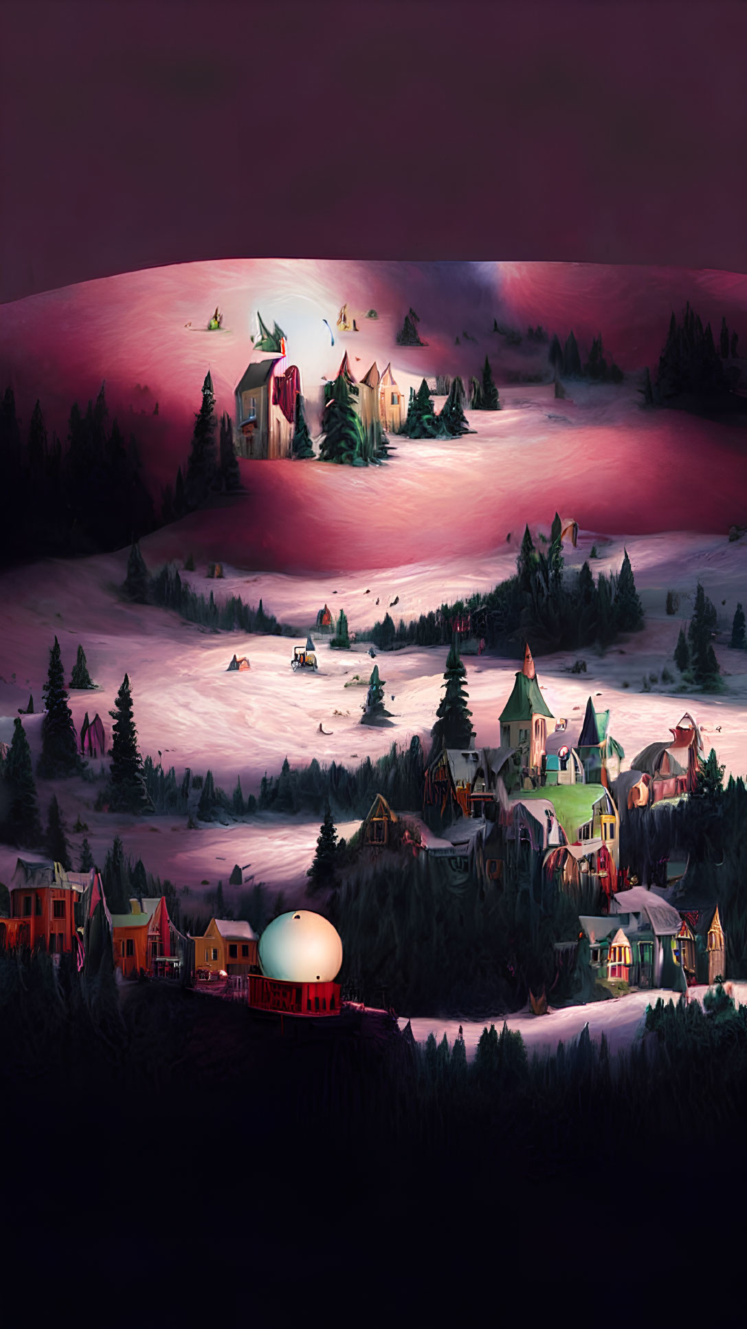 Snowy village illustration: colorful houses, trees, soft glow, purple dusk sky