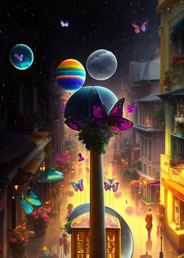 Vibrant night street with whimsical umbrellas and floating butterflies