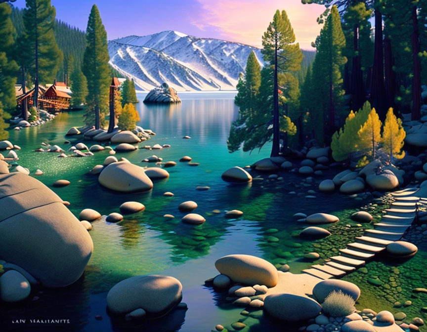 Tranquil lake with colorful trees, cabin, and snowy mountains