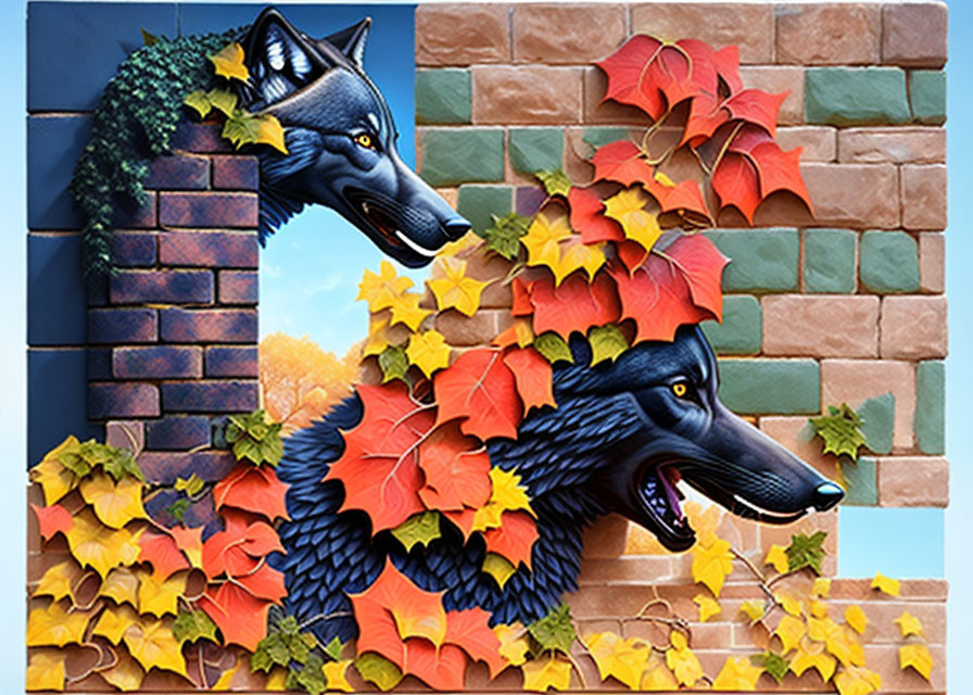 Brick wall with two wolf heads in autumn setting