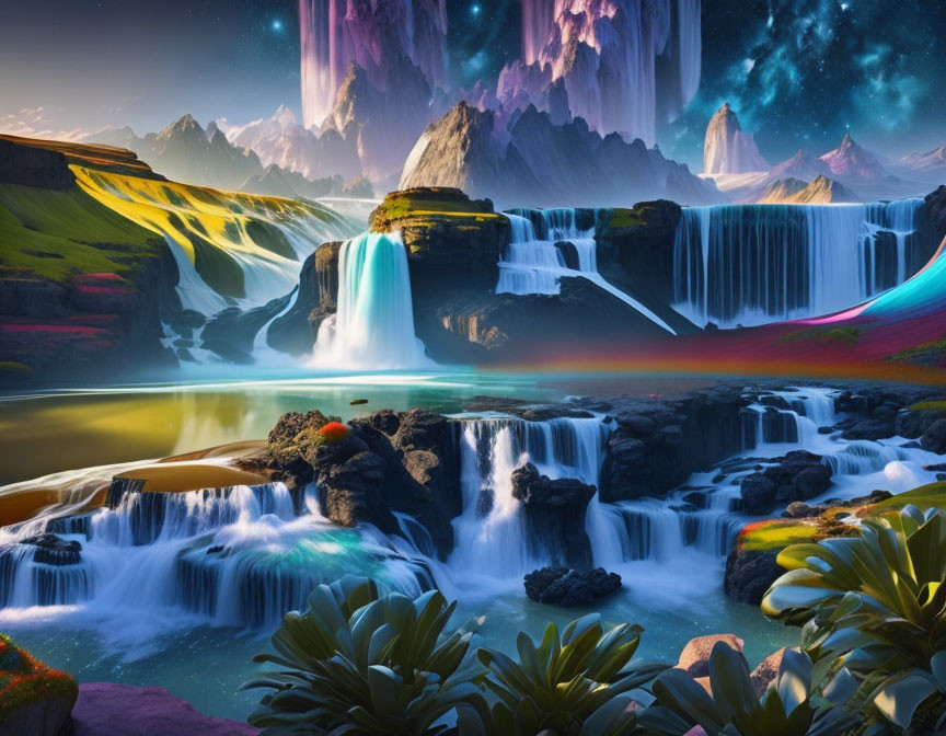 Colorful Skies and Majestic Waterfalls in Fantastical Landscape