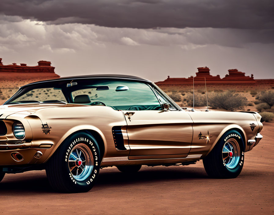 Vintage Gold Mustang with Blue Wheels on Desert Road