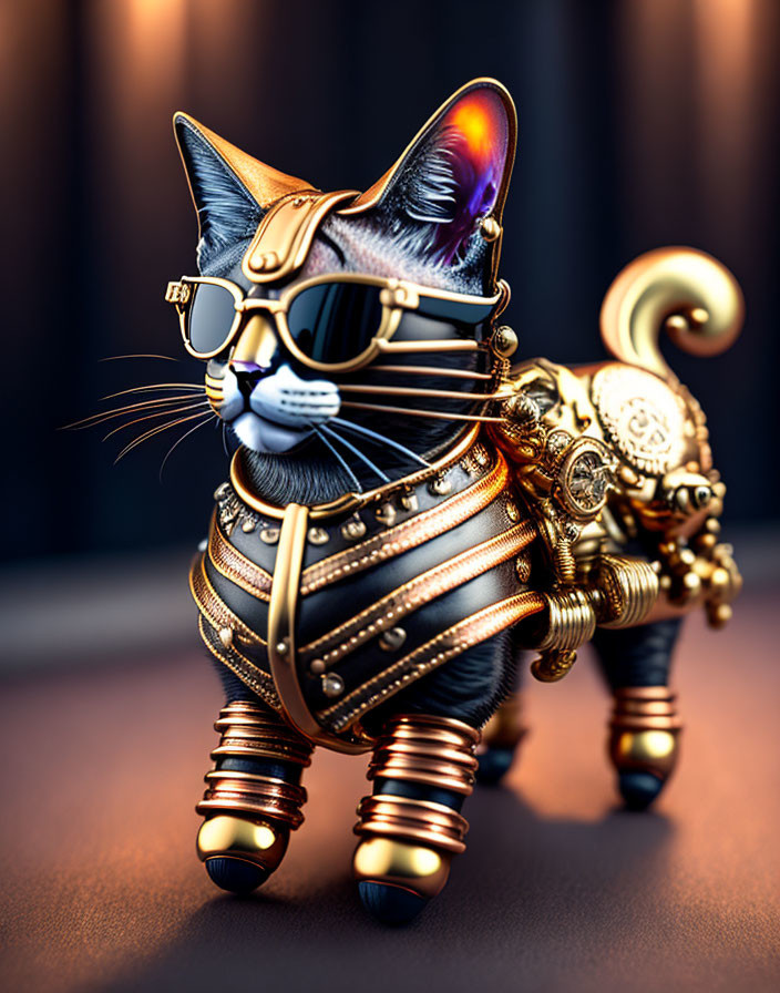 Steampunk-style robotic cat with goggles and mechanical limbs on dark background