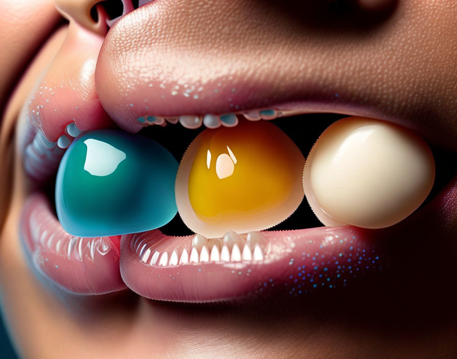 Person's Glossy Lips with Gummy Egg Candies Between Teeth