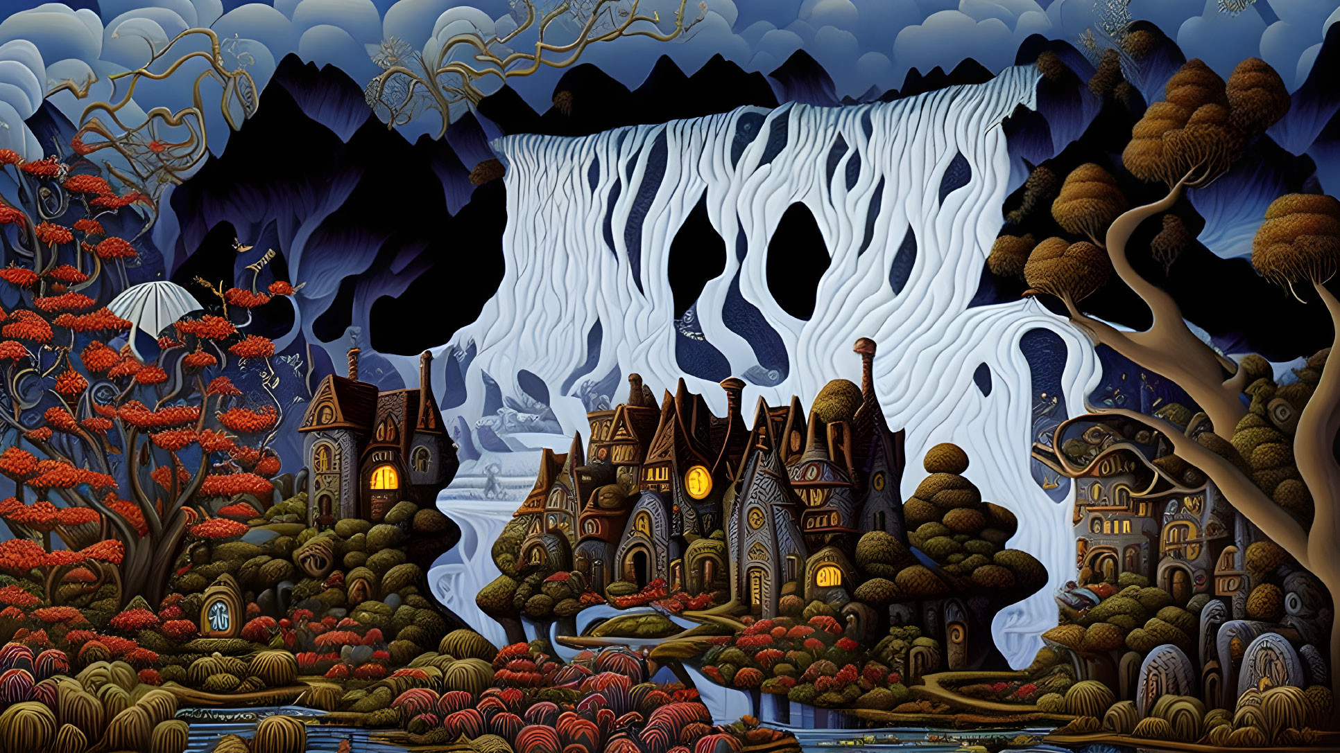 Fantasy landscape with whimsical houses, waterfall, stylized trees, unique flora, and figure holding